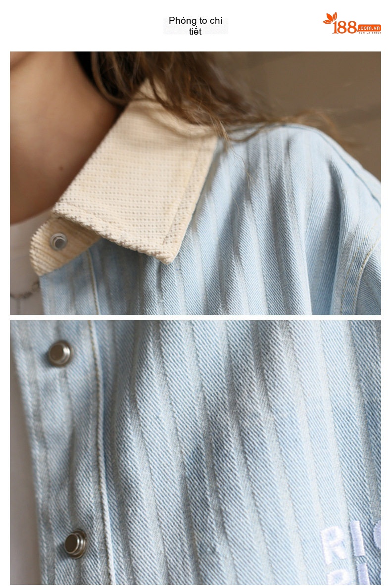Áo Khoác Bomber Nữ Kiểu Mỹ Retro Sọc Gradient Cổ Bẻ Vải Denim Xanh Dương chi tiết 21
