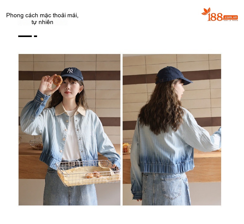 Áo Khoác Bomber Nữ Kiểu Mỹ Retro Sọc Gradient Cổ Bẻ Vải Denim Xanh Dương chi tiết 2