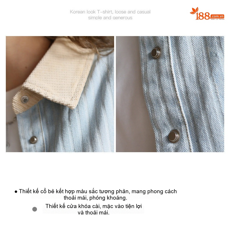 Áo Khoác Bomber Nữ Kiểu Mỹ Retro Sọc Gradient Cổ Bẻ Vải Denim Xanh Dương chi tiết 4