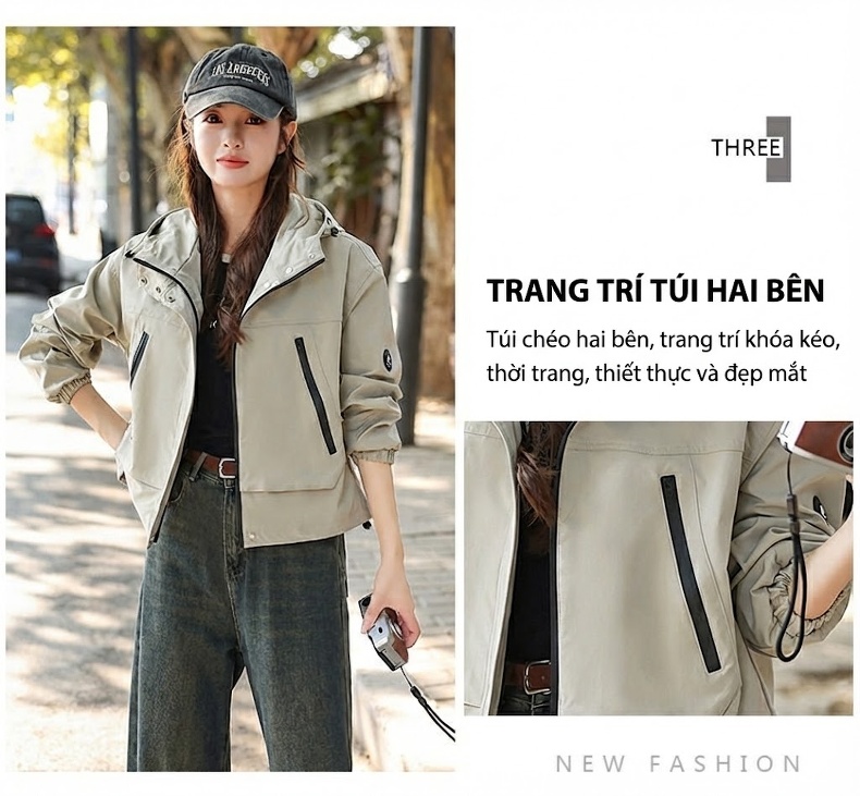 Áo Khoác Bomber Nữ Lửng Dáng Rộng Có Mũ Trùm Đầu Màu Đen, Kem, Đỏ chi tiết 6