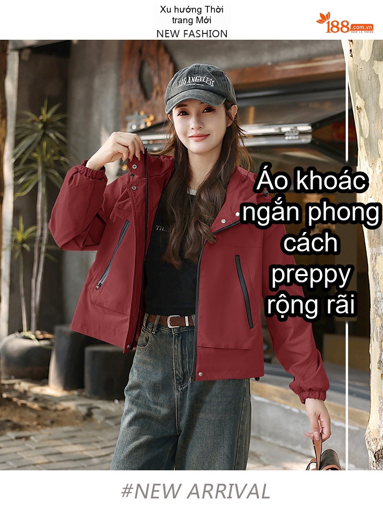 Áo Khoác Bomber Nữ Lửng Dáng Rộng Có Mũ Trùm Đầu Màu Đen, Kem, Đỏ chi tiết 2