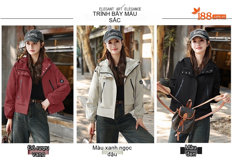 Áo Khoác Bomber Nữ Lửng Dáng Rộng Có Mũ Trùm Đầu Màu Đen, Kem, Đỏ chi tiết 9