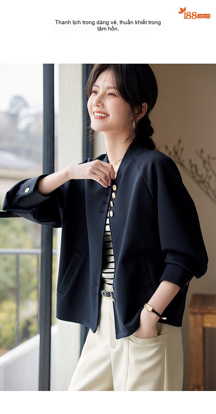 Áo Khoác Bomber Nữ Tay Raglan Vải Cotton Mát Mẻ Thiết Kế Thanh Lịch Màu Đen chi tiết 1