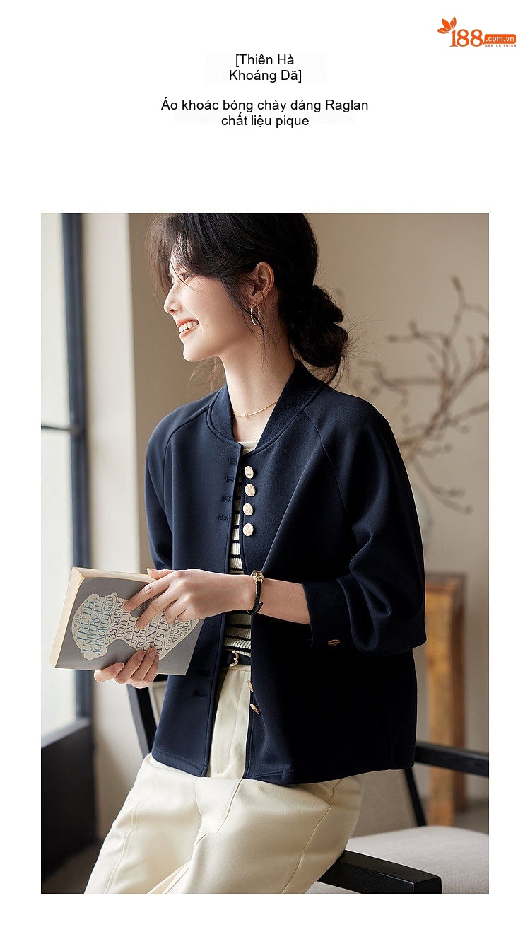 Áo Khoác Bomber Nữ Tay Raglan Vải Cotton Mát Mẻ Thiết Kế Thanh Lịch Màu Đen chi tiết 2