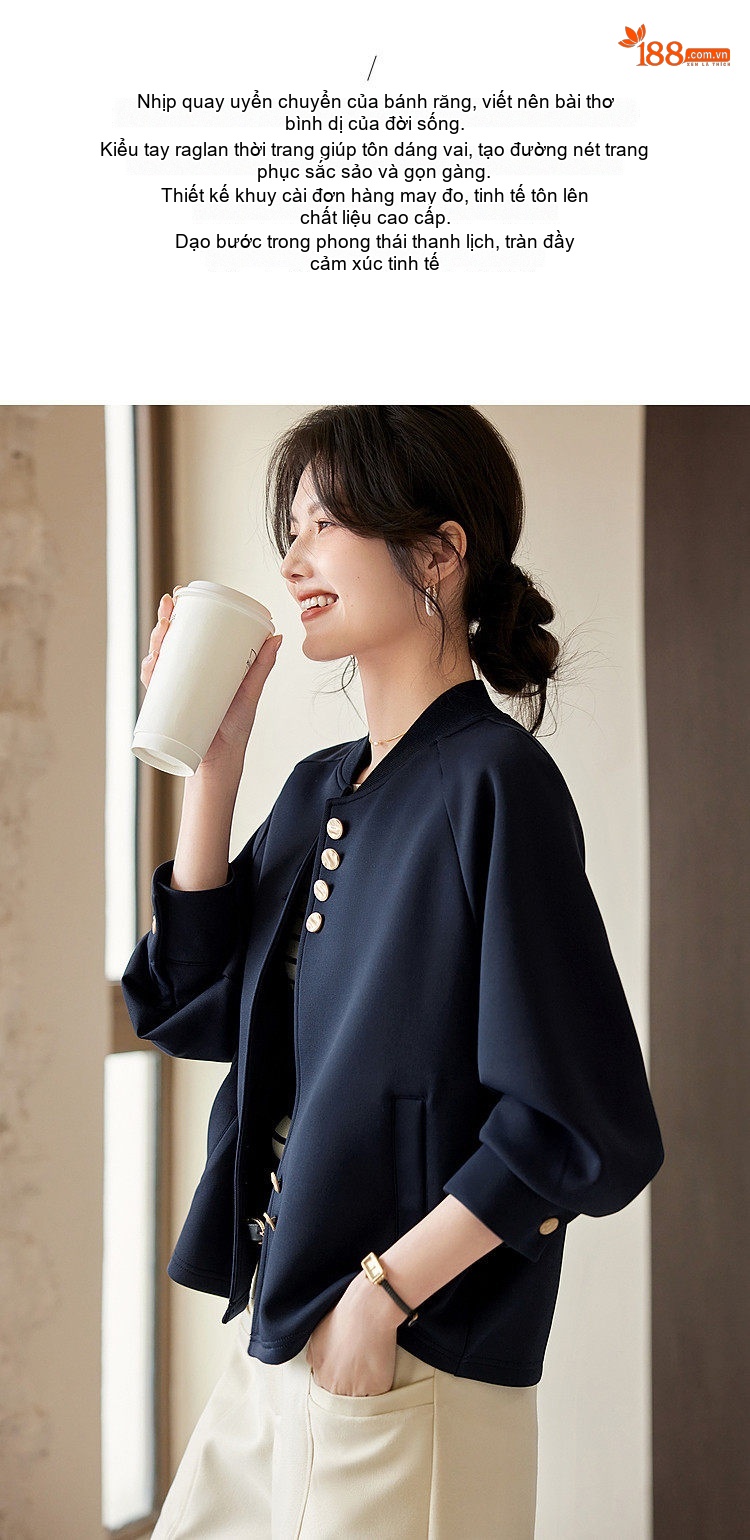 Áo Khoác Bomber Nữ Tay Raglan Vải Cotton Mát Mẻ Thiết Kế Thanh Lịch Màu Đen chi tiết 3