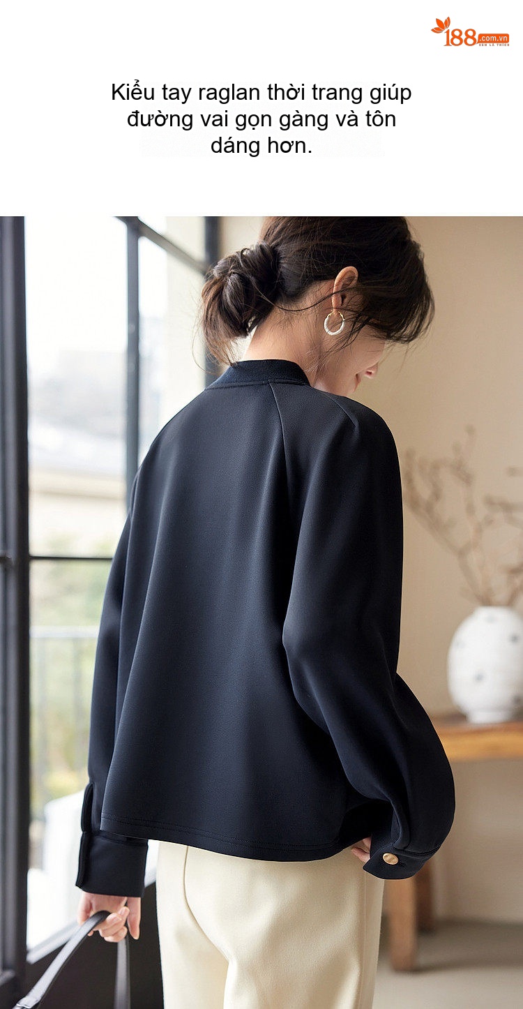 Áo Khoác Bomber Nữ Tay Raglan Vải Cotton Mát Mẻ Thiết Kế Thanh Lịch Màu Đen chi tiết 4