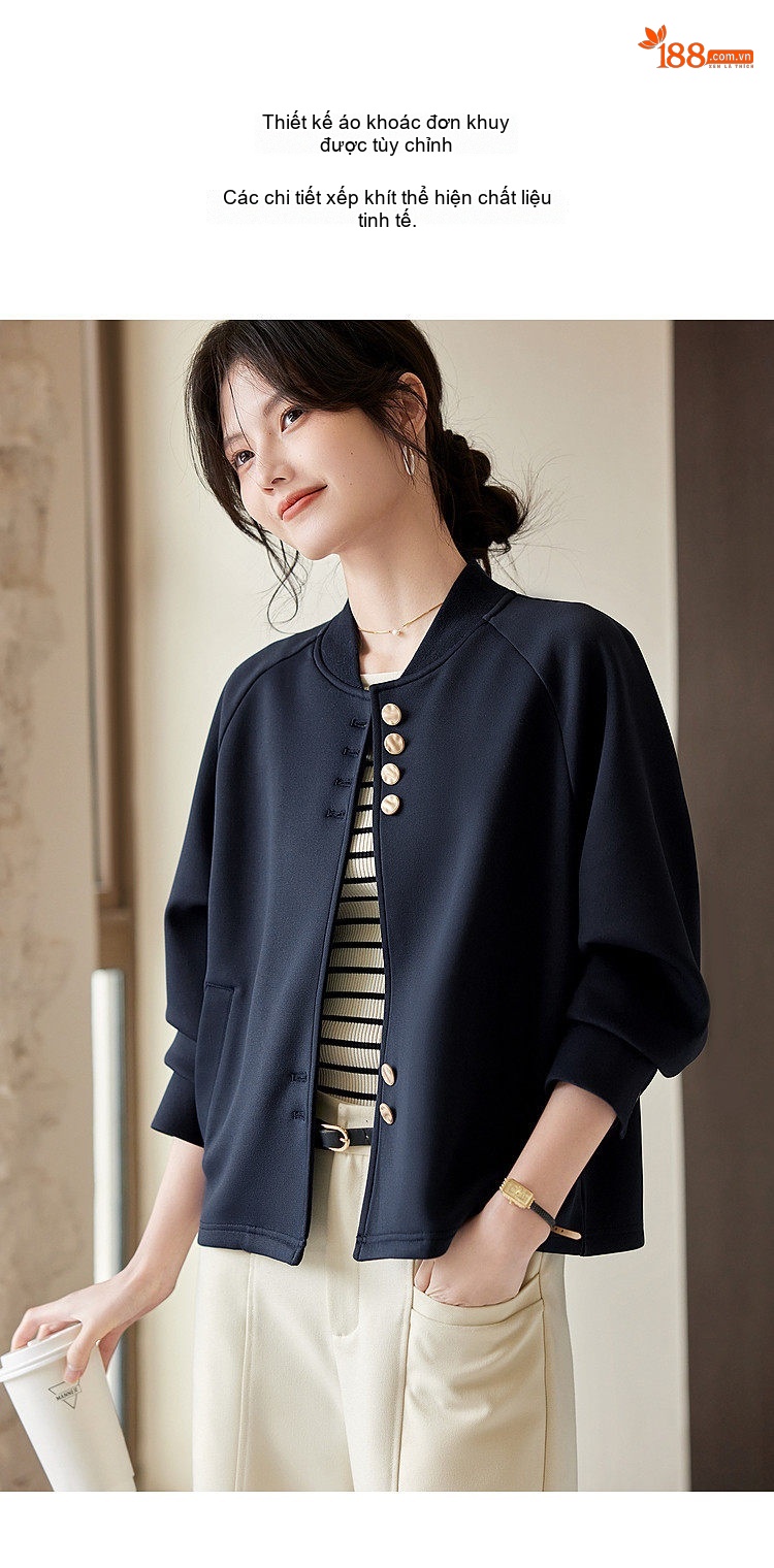 Áo Khoác Bomber Nữ Tay Raglan Vải Cotton Mát Mẻ Thiết Kế Thanh Lịch Màu Đen chi tiết 5