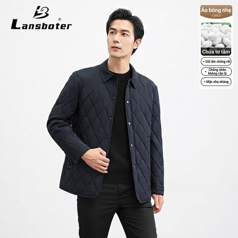 Áo Khoác Bông Dáng Dài Trung Niên Cổ Bẻ Lót Bông Giữ Ấm Màu Xanh Navy, Xám