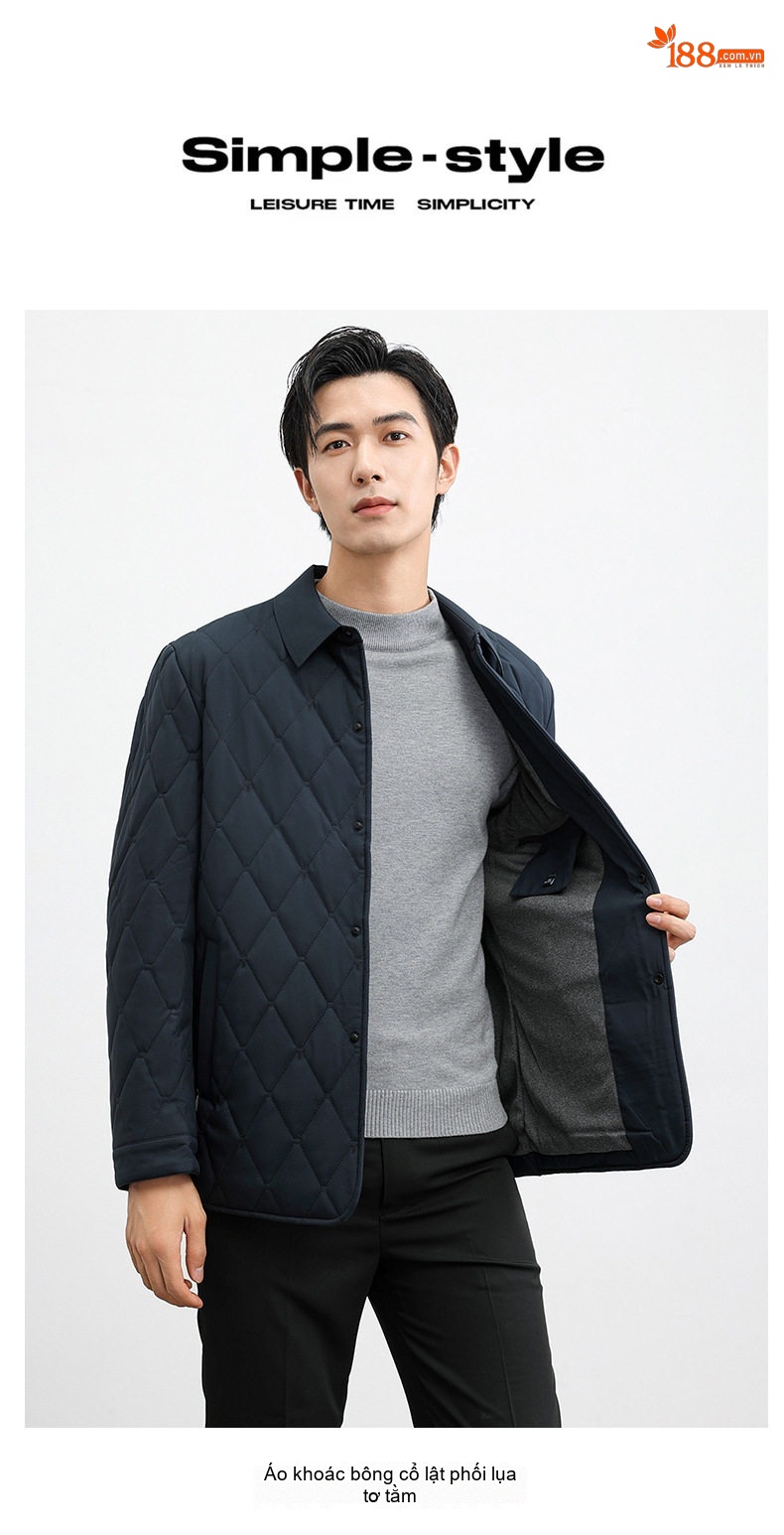 Áo Khoác Bông Dáng Dài Trung Niên Cổ Bẻ Lót Bông Giữ Ấm Màu Xanh Navy, Xám chi tiết 1