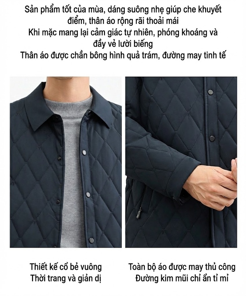 Áo Khoác Bông Dáng Dài Trung Niên Cổ Bẻ Lót Bông Giữ Ấm Màu Xanh Navy, Xám chi tiết 2