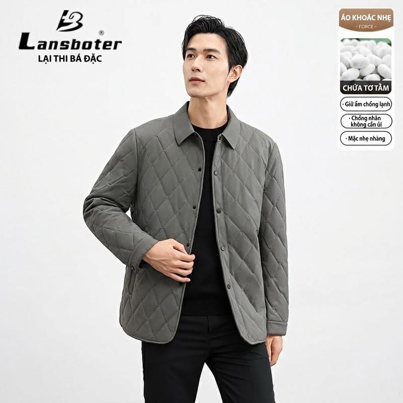 Áo Khoác Bông Dáng Dài Trung Niên Cổ Bẻ Lót Bông Giữ Ấm Màu Xanh Navy, Xám