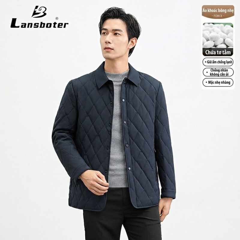 Áo Khoác Bông Dáng Dài Trung Niên Cổ Bẻ Lót Bông Giữ Ấm Màu Xanh Navy, Xám