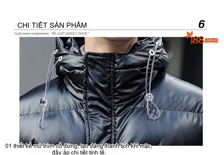 Áo Khoác Bông Nam Bề Mặt Bóng Loáng Mũ Trùm Đầu Kiểu Hàn Quốc Thời Trang Màu Đen, Bạc chi tiết 21