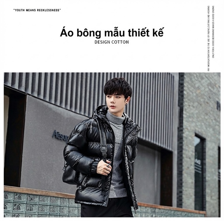 Áo Khoác Bông Nam Bề Mặt Bóng Loáng Mũ Trùm Đầu Kiểu Hàn Quốc Thời Trang Màu Đen, Bạc chi tiết 1