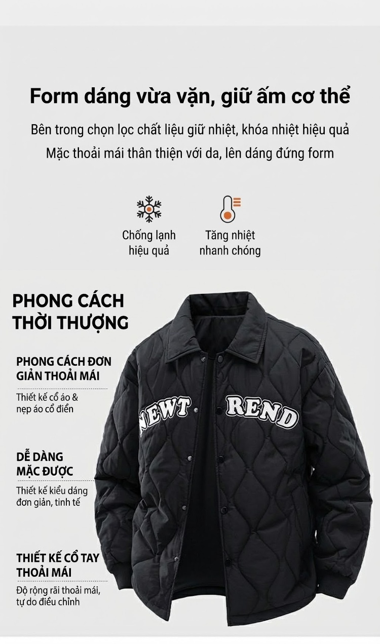 Áo Khoác Bông Nam Cổ Bẻ Một Hàng Khuy Trám Bông Thêu Chữ Phong Cách Cặp Đôi Form Rộng Màu Đen, Be chi tiết 5
