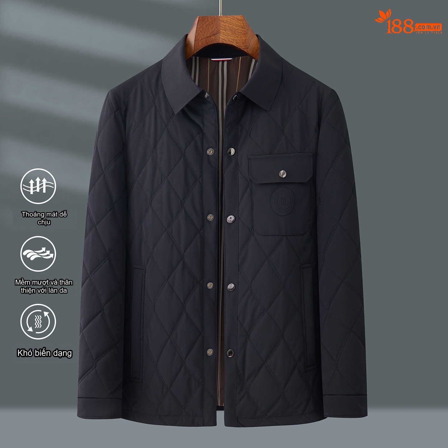 Áo Khoác Bông Nam Cổ Bẻ Trám Ô Chéo Bông Tơ Tằm Giữ Ấm Cao Cấp Phong Cách Doanh Nhân Màu Xám, Xanh Navy