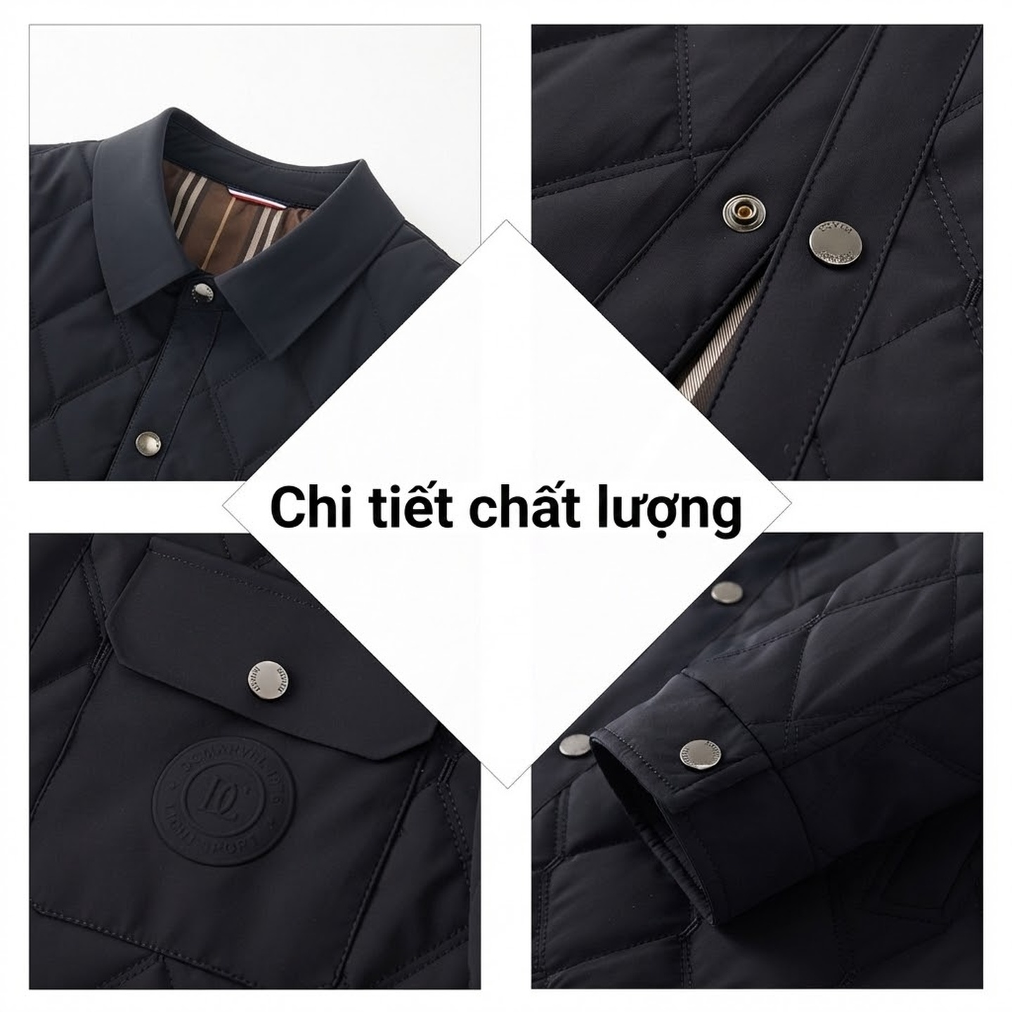 Áo Khoác Bông Nam Cổ Bẻ Trám Ô Chéo Bông Tơ Tằm Giữ Ấm Cao Cấp Phong Cách Doanh Nhân Màu Xám, Xanh Navy