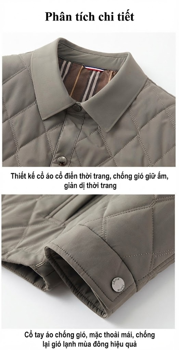 Áo Khoác Bông Nam Cổ Bẻ Trám Ô Chéo Bông Tơ Tằm Giữ Ấm Cao Cấp Phong Cách Doanh Nhân Màu Xám, Xanh Navy chi tiết 10
