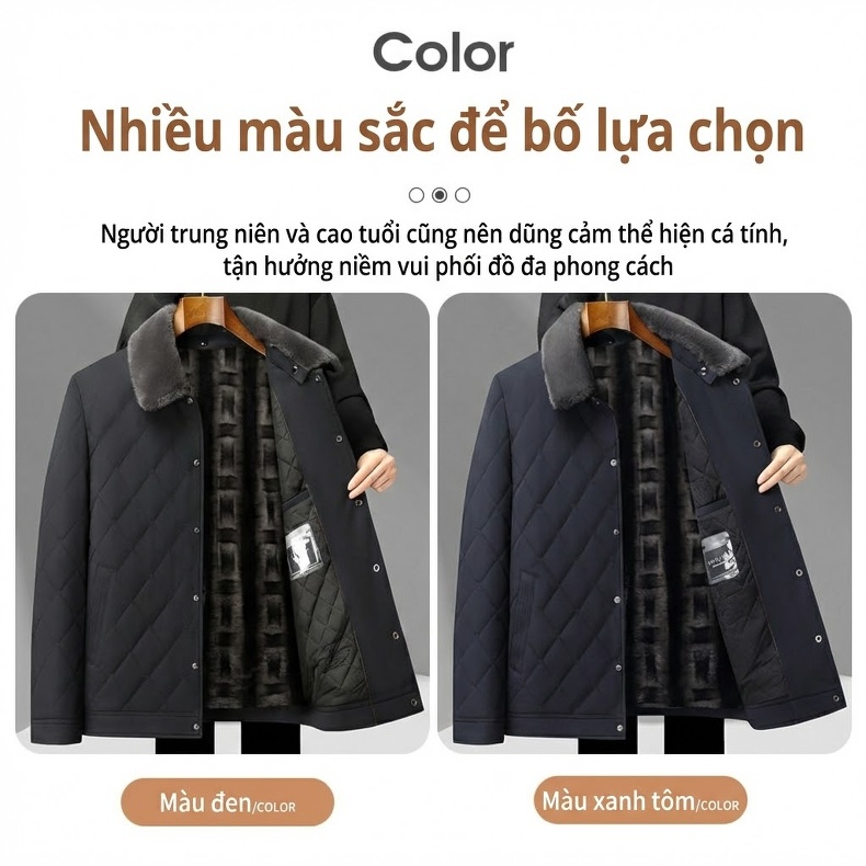 Áo Khoác Bông Nam Dáng Ngắn Cổ Lông Lót Lông Dày Dặn Phong Cách Doanh Nhân Màu Đen, Xanh Navy chi tiết 17