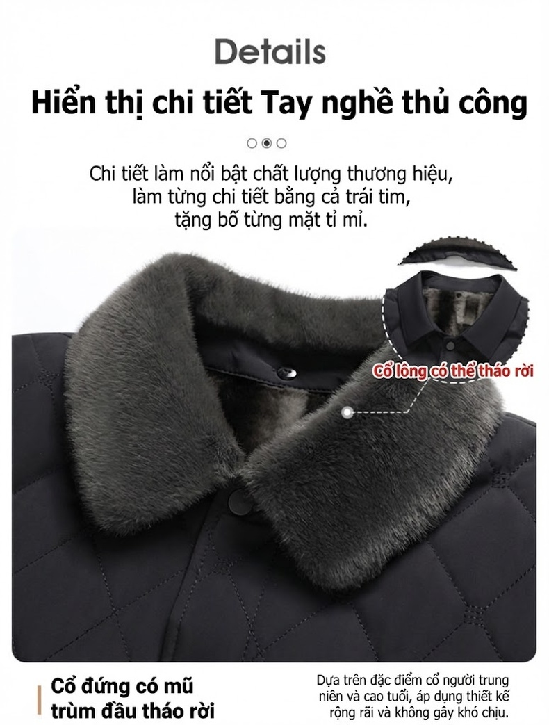 Áo Khoác Bông Nam Dáng Ngắn Cổ Lông Lót Lông Dày Dặn Phong Cách Doanh Nhân Màu Đen, Xanh Navy chi tiết 13