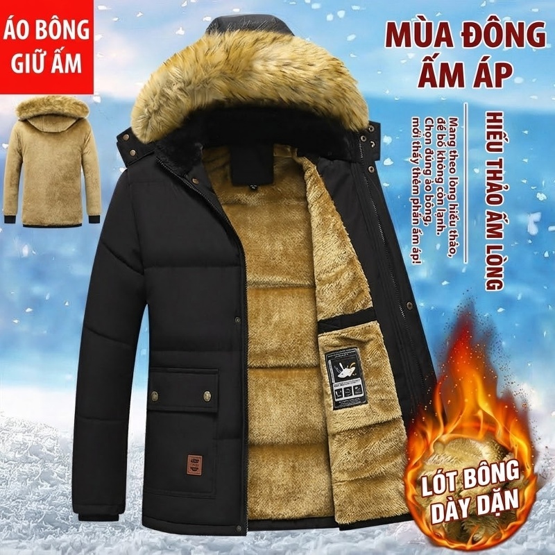 Áo Khoác Bông Nam Dáng Rộng Có Mũ Trùm Đầu Giữ Ấm Cotton Màu Đen, Xám, Trắng, Xanh Rêu... chi tiết 20