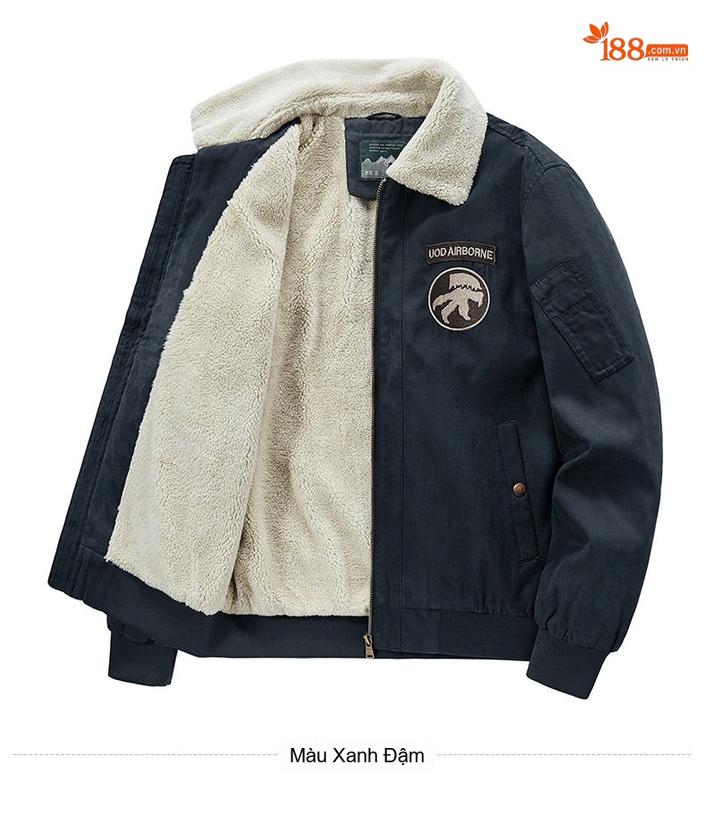 Áo Khoác Bông Nam Lông Cừu Non Dày Dặn Có Cổ Lông Màu Be, Xanh Rêu, Xanh Navy chi tiết 13