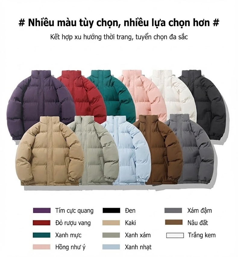 Áo Khoác Bông Nam Nữ Cotton Dáng Rộng Cổ Trụ Mùa Đông Màu Tím, Đỏ, Xanh Lá, Hồng... chi tiết 9