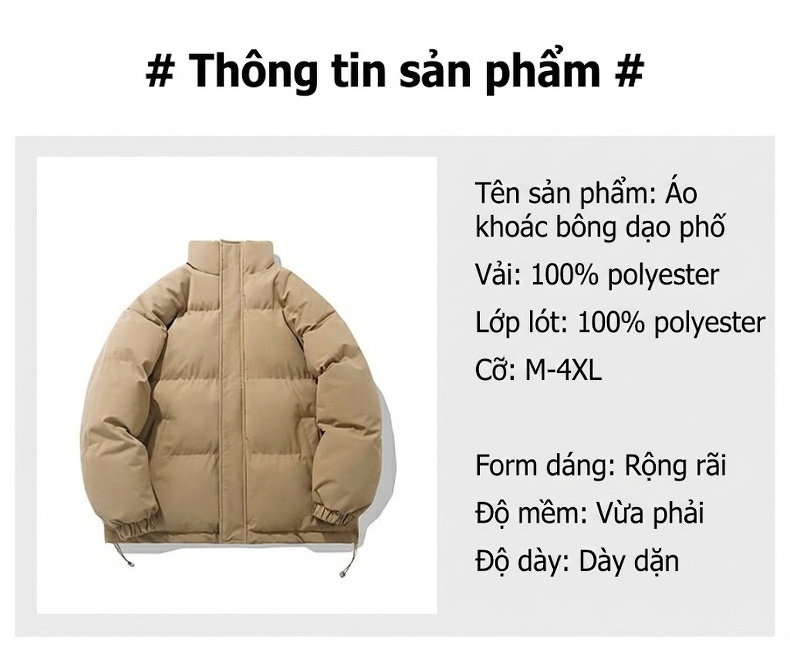 Áo Khoác Bông Nam Nữ Cotton Dáng Rộng Cổ Trụ Mùa Đông Màu Tím, Đỏ, Xanh Lá, Hồng... chi tiết 10