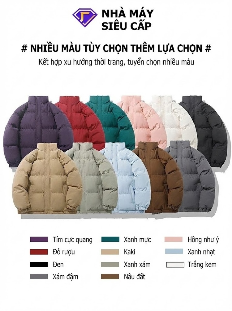 Áo Khoác Bông Nam Nữ Cotton Dáng Rộng Cổ Trụ Mùa Đông Màu Tím, Đỏ, Xanh Lá, Hồng...