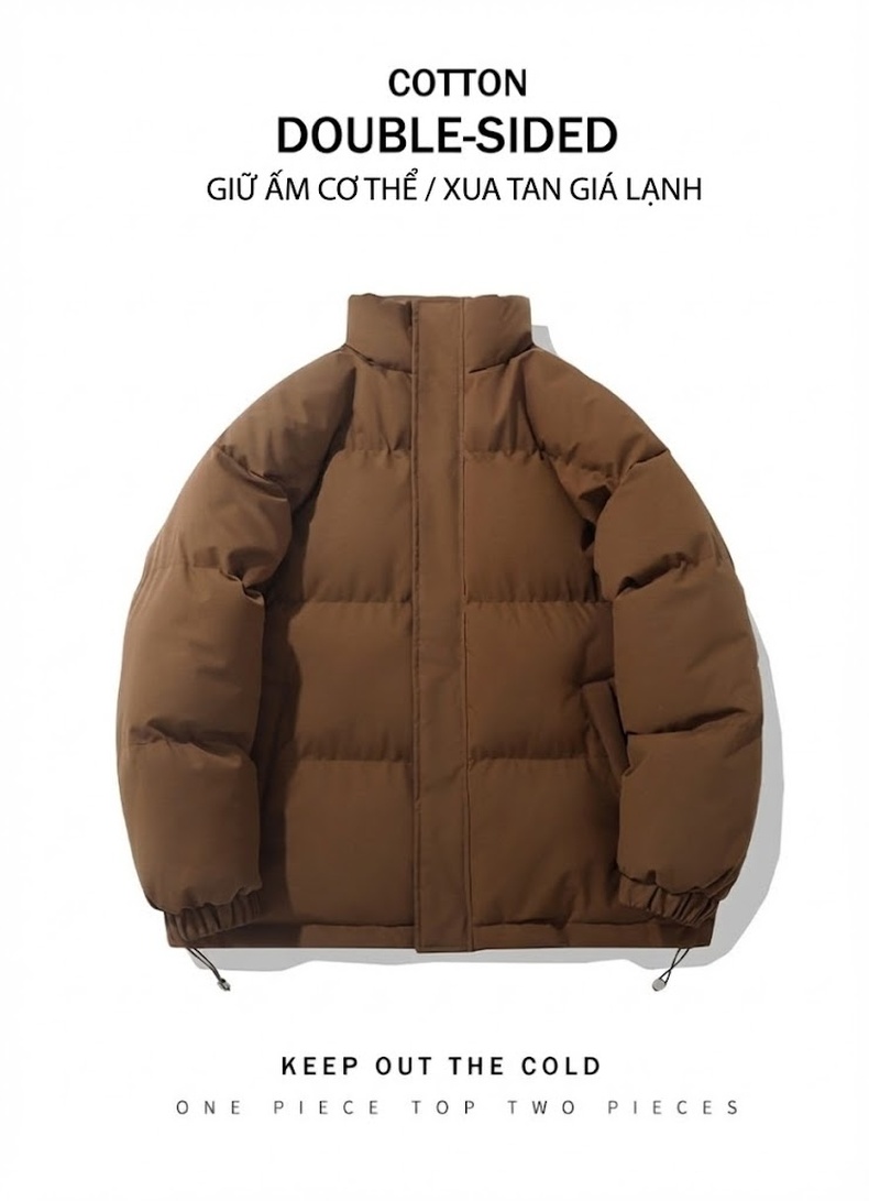 Áo Khoác Bông Nam Nữ Cotton Dáng Rộng Cổ Trụ Mùa Đông Màu Tím, Đỏ, Xanh Lá, Hồng... chi tiết 1