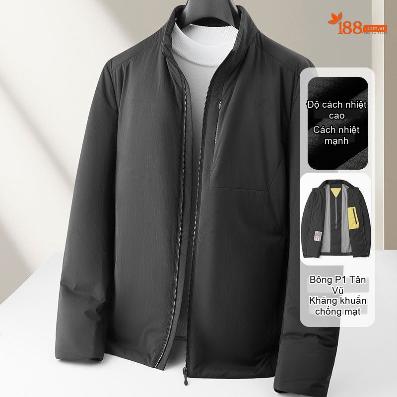 Áo Khoác Bông Nam PI Cotton Dáng Đứng Cổ Thanh Niên Cao Cấp Phong Cách Doanh Nhân Nhẹ Nhàng Giữ Ấm Mùa Đông Màu Đen