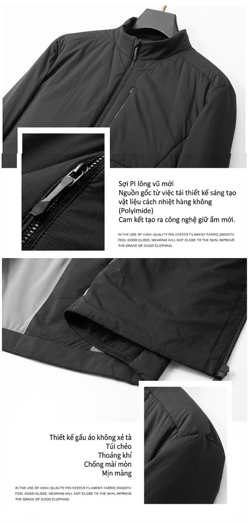 Áo Khoác Bông Nam PI Cotton Dáng Đứng Cổ Thanh Niên Cao Cấp Phong Cách Doanh Nhân Nhẹ Nhàng Giữ Ấm Mùa Đông Màu Đen chi tiết 5