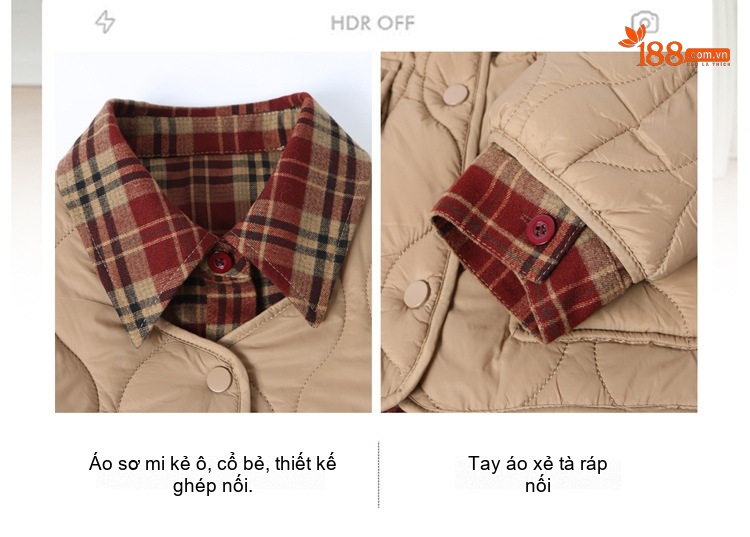 Áo Khoác Bông Nữ Cổ Sơ Mi Kẻ Caro Giả Hai Lớp Mỏng Nhẹ Màu Be, Đen chi tiết 9