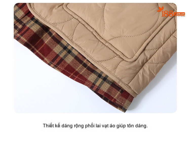 Áo Khoác Bông Nữ Cổ Sơ Mi Kẻ Caro Giả Hai Lớp Mỏng Nhẹ Màu Be, Đen chi tiết 10
