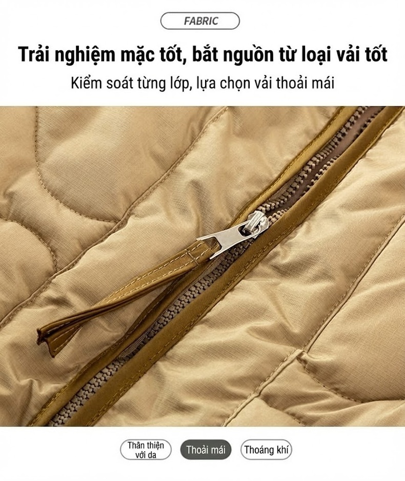 Áo Khoác Cặp Đôi Nam Nữ Trám Tròn Cổ Trụ Mùa Đông Nhẹ Ấm Áp Màu Be, Đen chi tiết 9