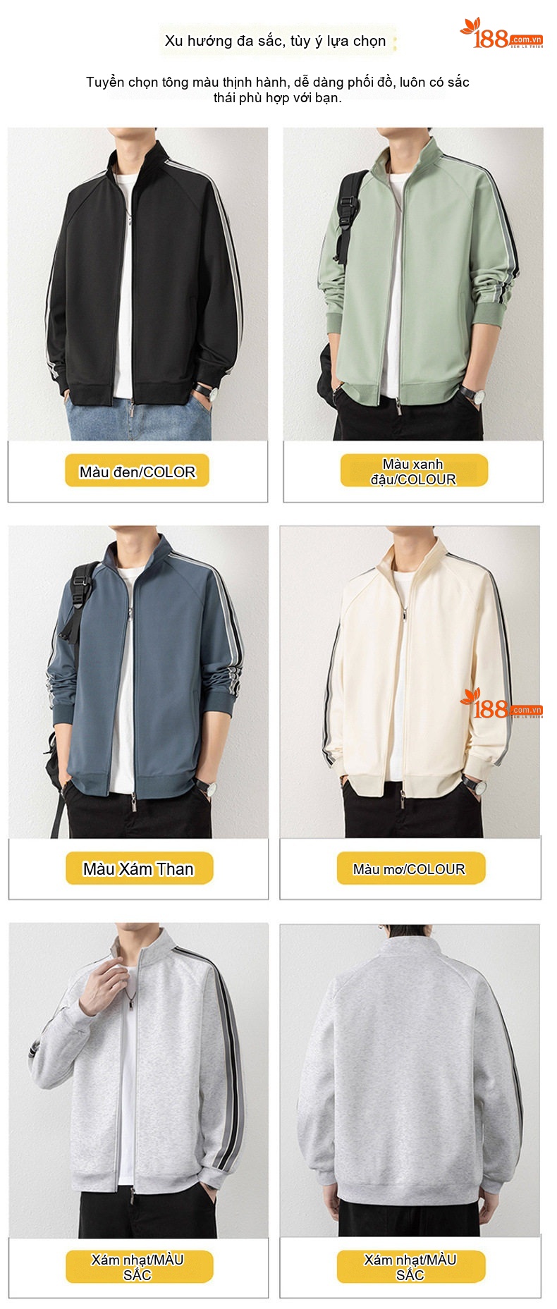 Áo Khoác Cardigan Nam Dáng Rộng Cổ Trụ Phong Cách Thể Thao Màu Xám, Đen, Xanh Lá, Xanh Dương... chi tiết 4