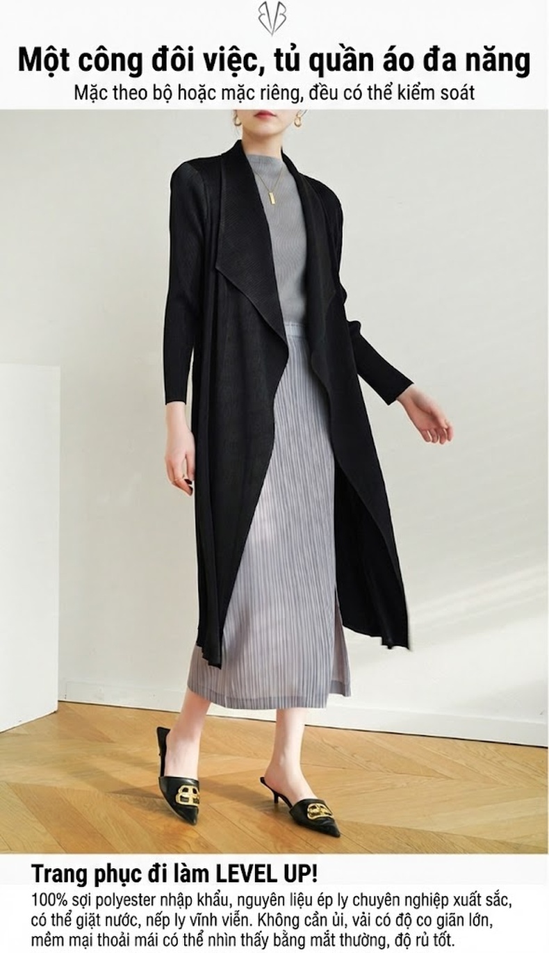 Áo Khoác Cardigan Nữ Dáng Dài Tr褶皱 Miyake Phong Cách Thời Trang Màu Be, Xanh, Đen, Xám... chi tiết 3