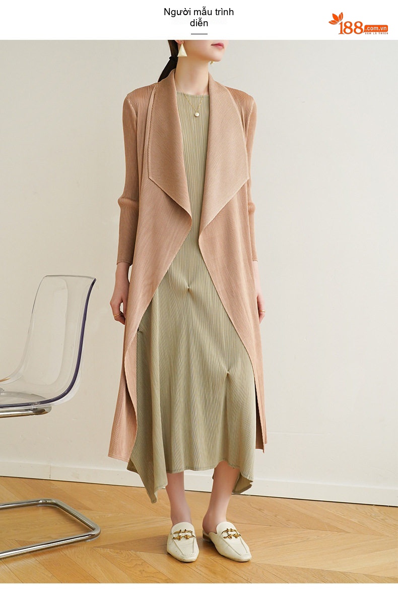 Áo Khoác Cardigan Nữ Dáng Dài Tr褶皱 Miyake Phong Cách Thời Trang Màu Be, Xanh, Đen, Xám... chi tiết 5