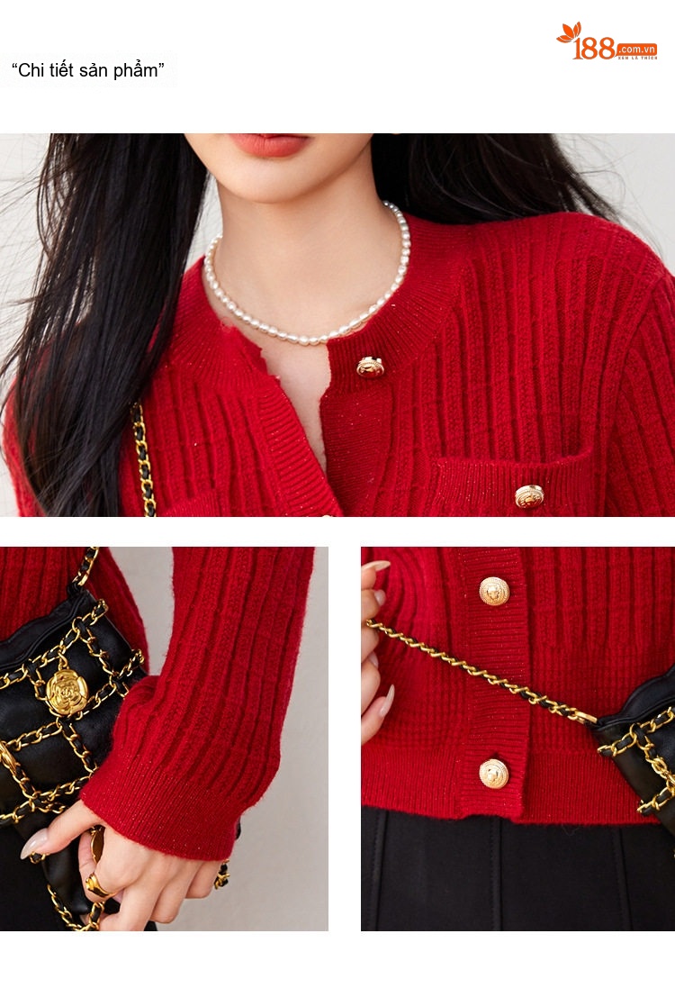 Áo Khoác Cardigan Nữ Dệt Kim Ôm Dáng Màu Đỏ chi tiết 3