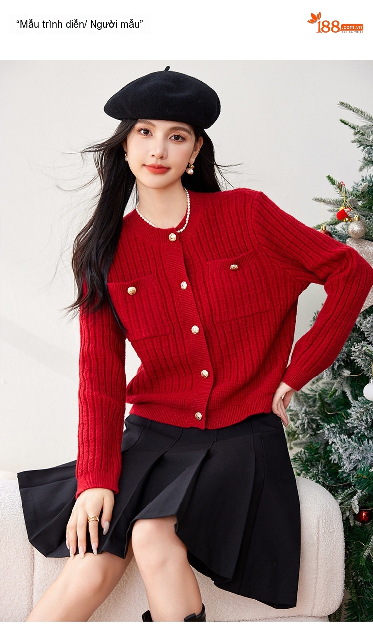 Áo Khoác Cardigan Nữ Dệt Kim Ôm Dáng Màu Đỏ chi tiết 5