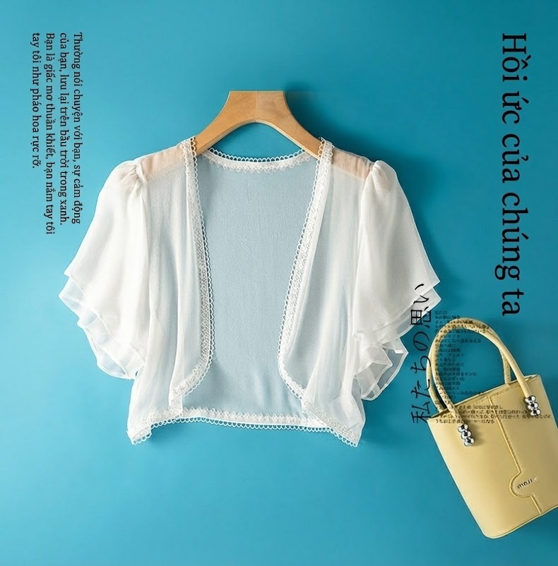 Áo Khoác Cardigan Nữ Mỏng Mặc Ngoài Chống Nắng Lụa Tằm Váy Ngắn Ren Đi Biển Màu Trắng chi tiết 1