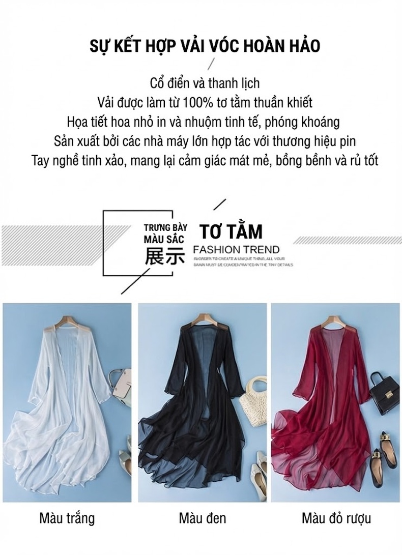 Áo Khoác Cardigan Nữ Mỏng Tay Lỡ Chống Nắng Chất Liệu Tơ Tằm Màu Trắng, Đen, Đỏ chi tiết 3