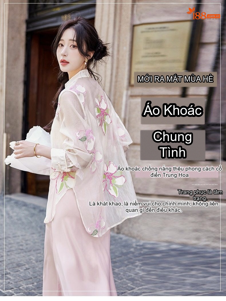 Áo Khoác Cardigan Nữ Mỏng Thêu Hoa Văn Gấm Nút Tàu Organza Chống Nắng Màu Kem chi tiết 1