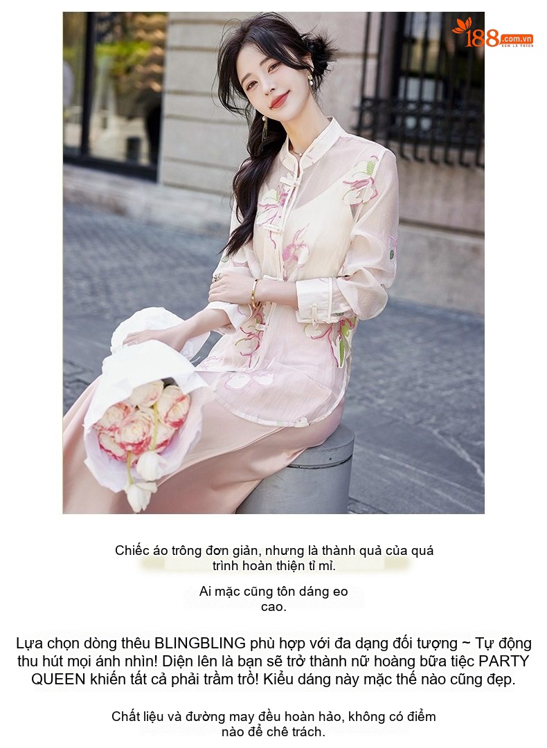 Áo Khoác Cardigan Nữ Mỏng Thêu Hoa Văn Gấm Nút Tàu Organza Chống Nắng Màu Kem chi tiết 3