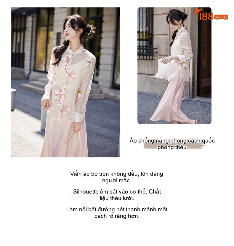 Áo Khoác Cardigan Nữ Mỏng Thêu Hoa Văn Gấm Nút Tàu Organza Chống Nắng Màu Kem chi tiết 4