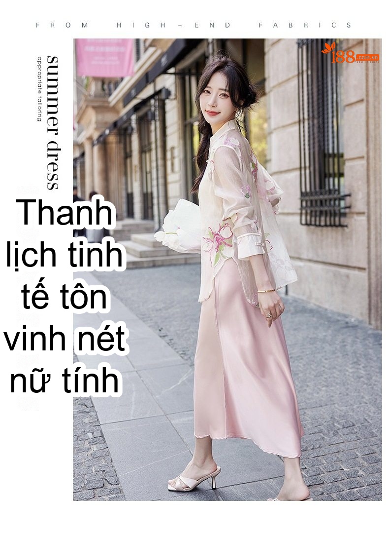 Áo Khoác Cardigan Nữ Mỏng Thêu Hoa Văn Gấm Nút Tàu Organza Chống Nắng Màu Kem chi tiết 5
