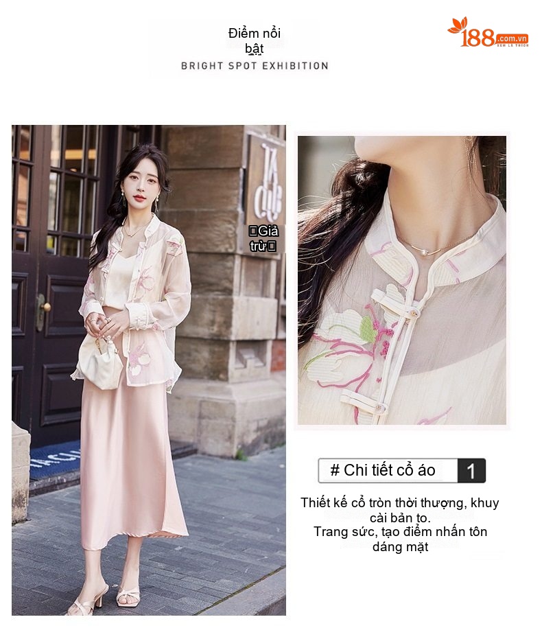 Áo Khoác Cardigan Nữ Mỏng Thêu Hoa Văn Gấm Nút Tàu Organza Chống Nắng Màu Kem chi tiết 6