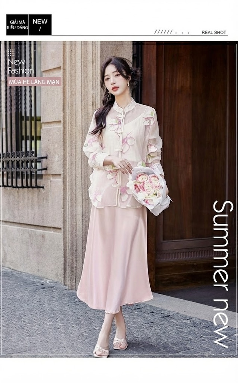 Áo Khoác Cardigan Nữ Mỏng Thêu Hoa Văn Gấm Nút Tàu Organza Chống Nắng Màu Kem chi tiết 8