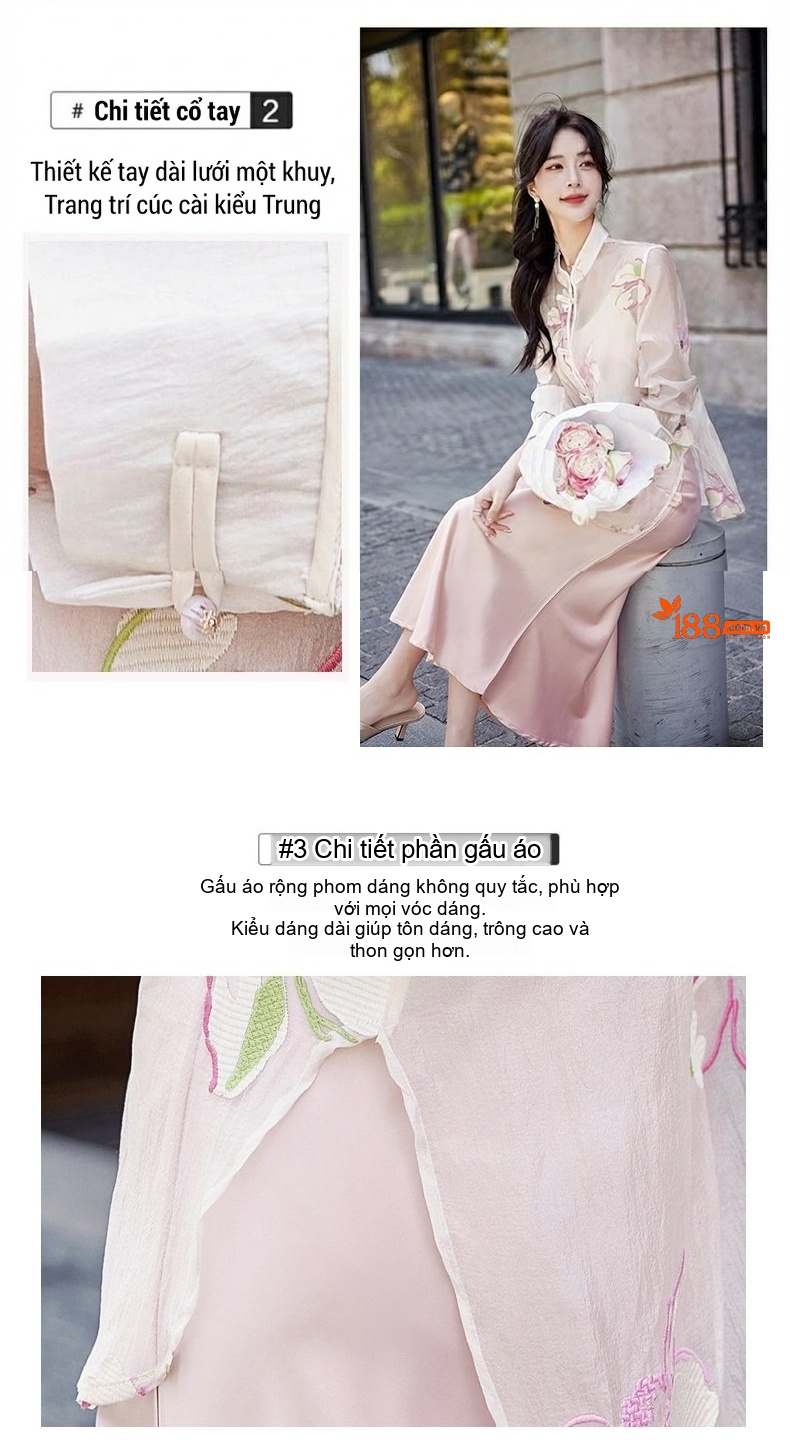 Áo Khoác Cardigan Nữ Mỏng Thêu Hoa Văn Gấm Nút Tàu Organza Chống Nắng Màu Kem chi tiết 7