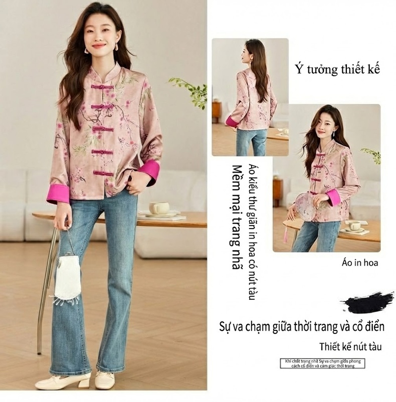 Áo Khoác Cardigan Nữ Thêu Hoa Cổ Điển Khuy Tàu Phong Cách Trung Hoa Nhẹ Nhàng Màu Hồng chi tiết 2